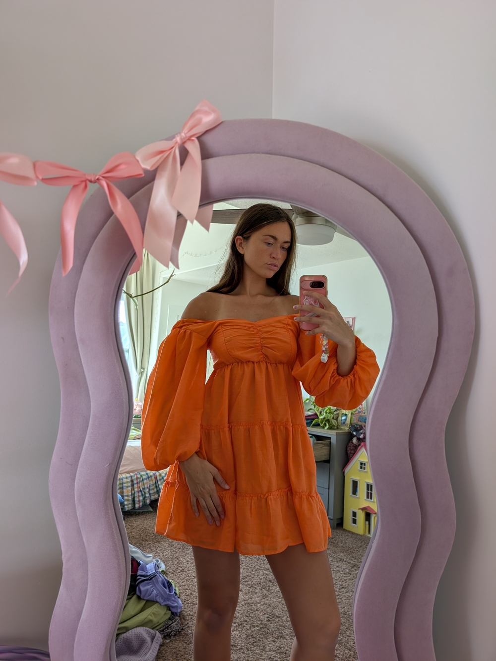 Off-Shoulder Orange Mini Dress with Balloon Sleeves Size Medium